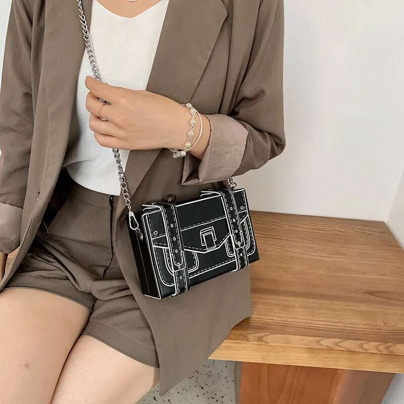 White Box Black Design Women Casual Purses and Handbags Fashion Clutch Shoulder Chain 2025 Crossbody Bag Pu Leather