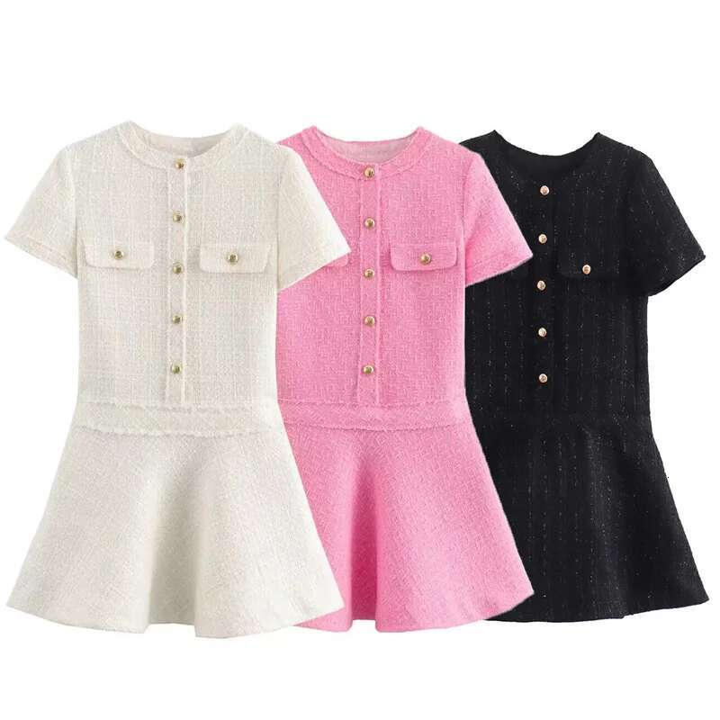 TRAF 2025 Women's Dress Mini Textured Summer Elegant Solid Button Short Sleeve Vestidos Fashion High Quality Dresses 066