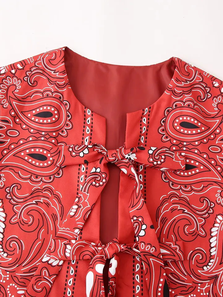 TRAFZA Women Fashion Paisley Print Vest Front Bow Lace Up O Neck National Style Vests Sleeveless Waistcoat Vintage Red Tank Tops 250506