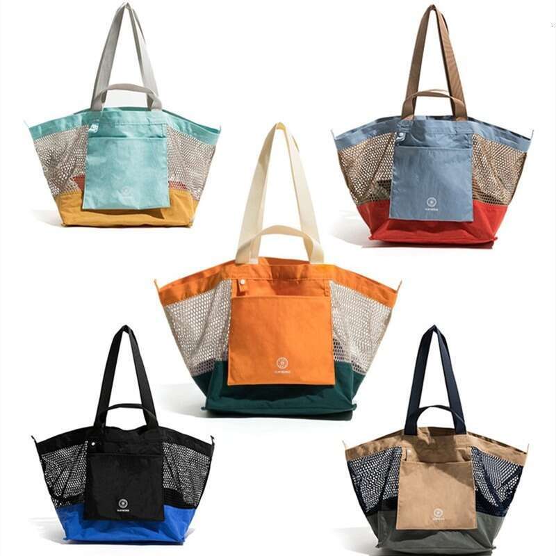 Summer dopamine color blocked mesh niche men's and women's single shoulder tote foldable storage large beach bag, 2025 new casual versatile 