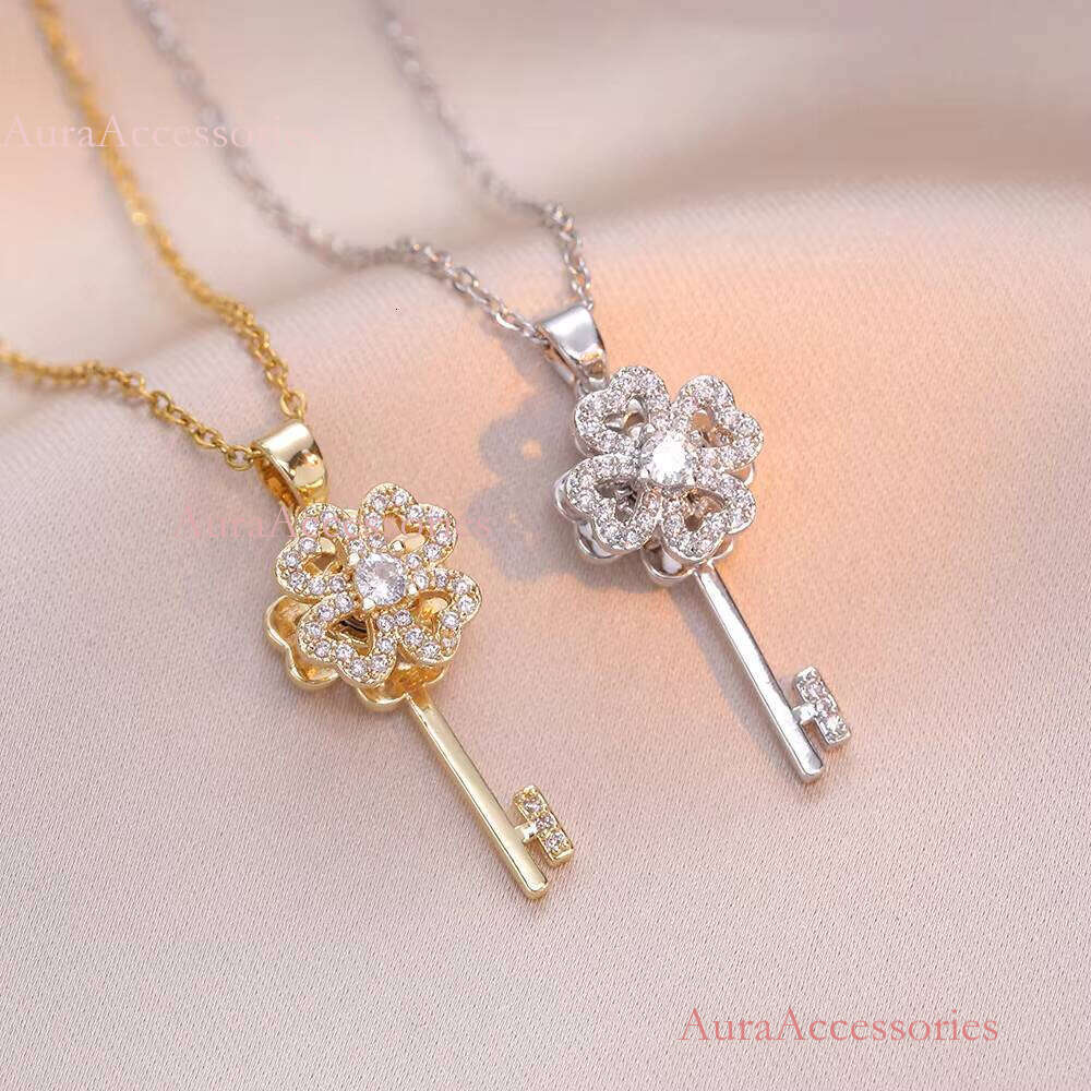 Gold Plated Zirconia Key Women's Custom Spinning Clover Necklace