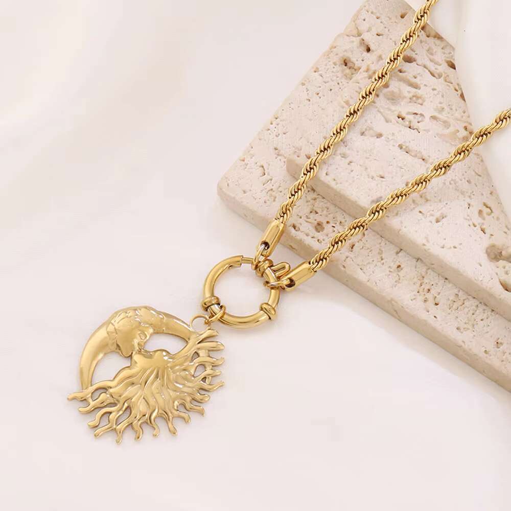 Women's Necklace Gold Plated Stainless Steel Moon Sun Pendant Fashion Chain with Flower Pattern Accessories