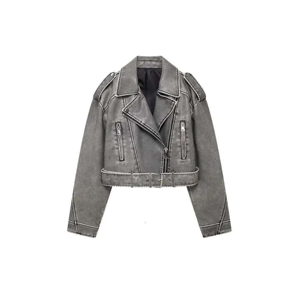 TRZA-Faux Leather Moto & Biker Jacket for Women, Long Sleeve Coat, Front Zipper, Female Outerwear, Chic Tops, Fashion
