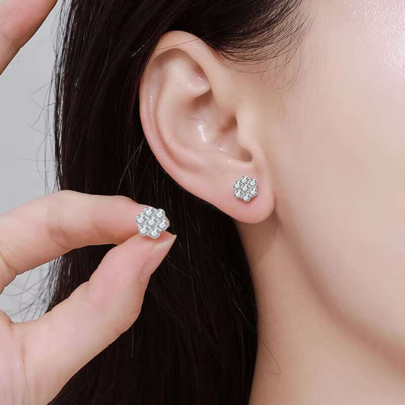 925 Sterling Silver Plum Blossom Stud Earrings for Women Fine Jewelry in Hip Hop Style Shiny 0.1Carat 3MM Moissanite Inlay