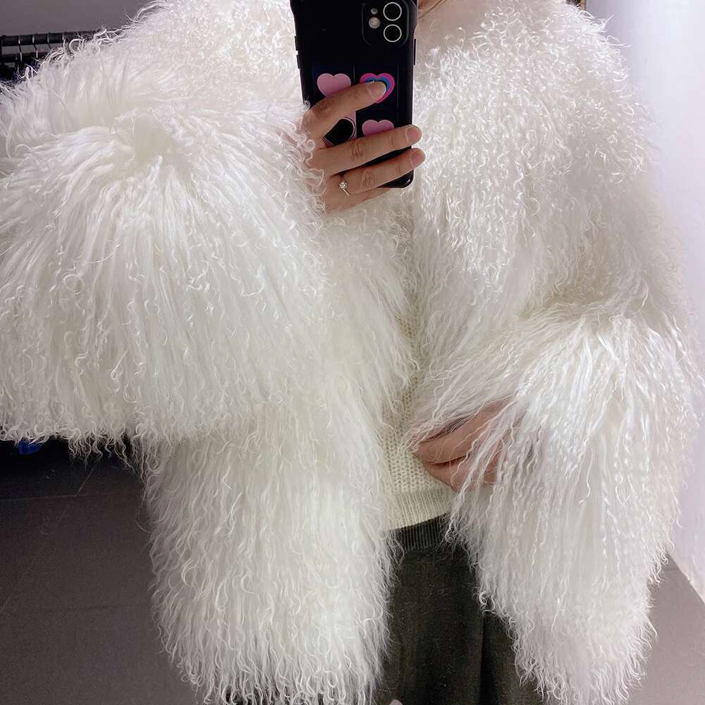 Yoloagain Women's Real Mongolia Dark Brown Sheep Fur Jacket Designer