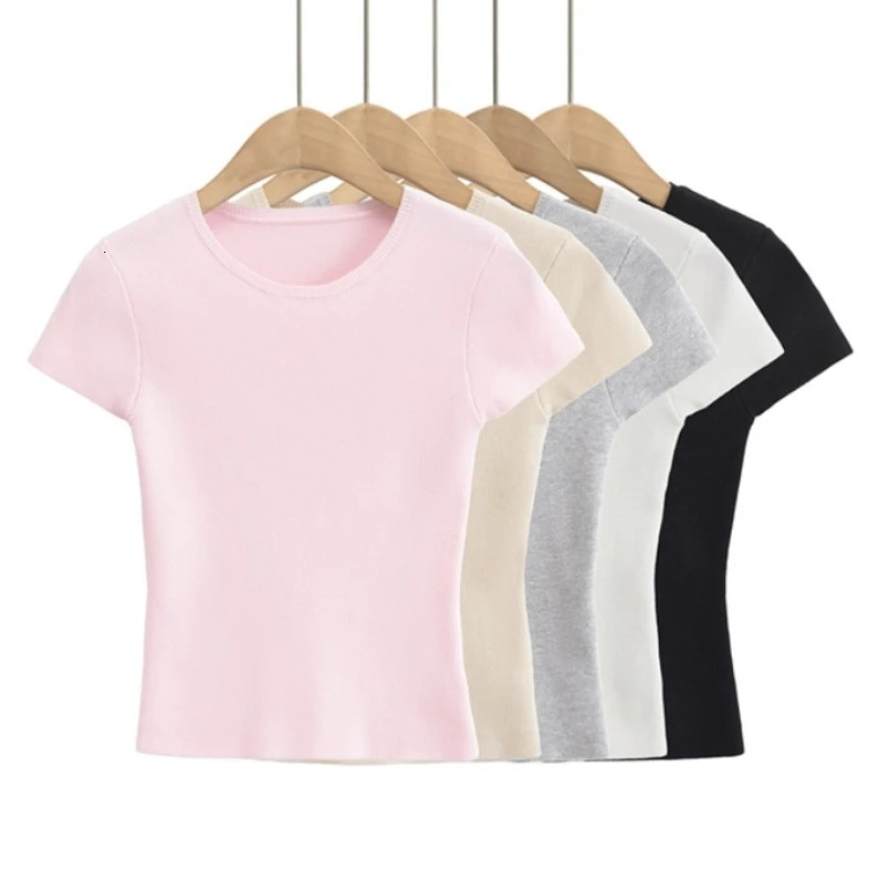 Womens Short Sleeve Crop Top Solid Slim Fit Crew Neck Tee Basic Skinny Knit Tight Athletic Casual Workout Yoga Tshirt 250513