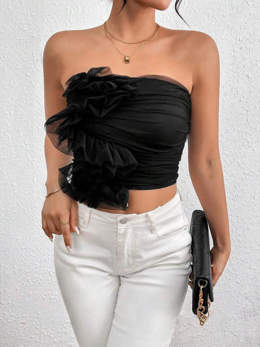 Womens summer style stylish sexy mesh pleated strapless backless top 250513