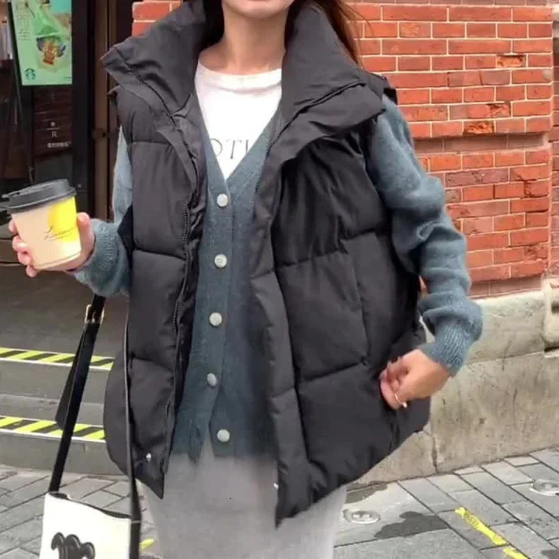 Women Casual Puffer Jackets Zipper Thicken Warm Jacket Mock Neck Pocket Solid Thermal Coat Vest For 2023 Fall Winter 250506
