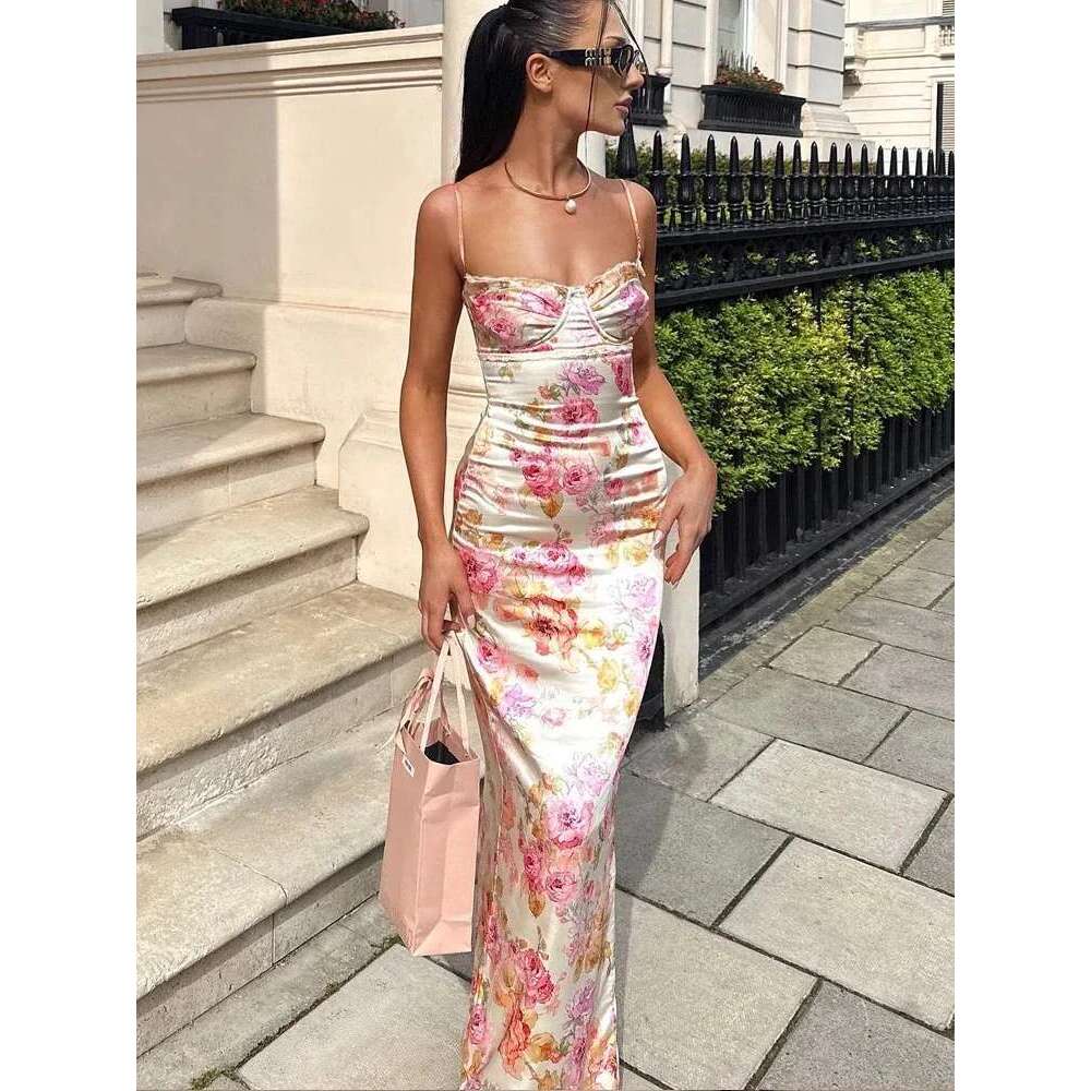Suninheart Summer Spaghetti Strap Floral Print Party Dresses Elegant Maxi Bodycon Wedding Guest Holiday New In Dress