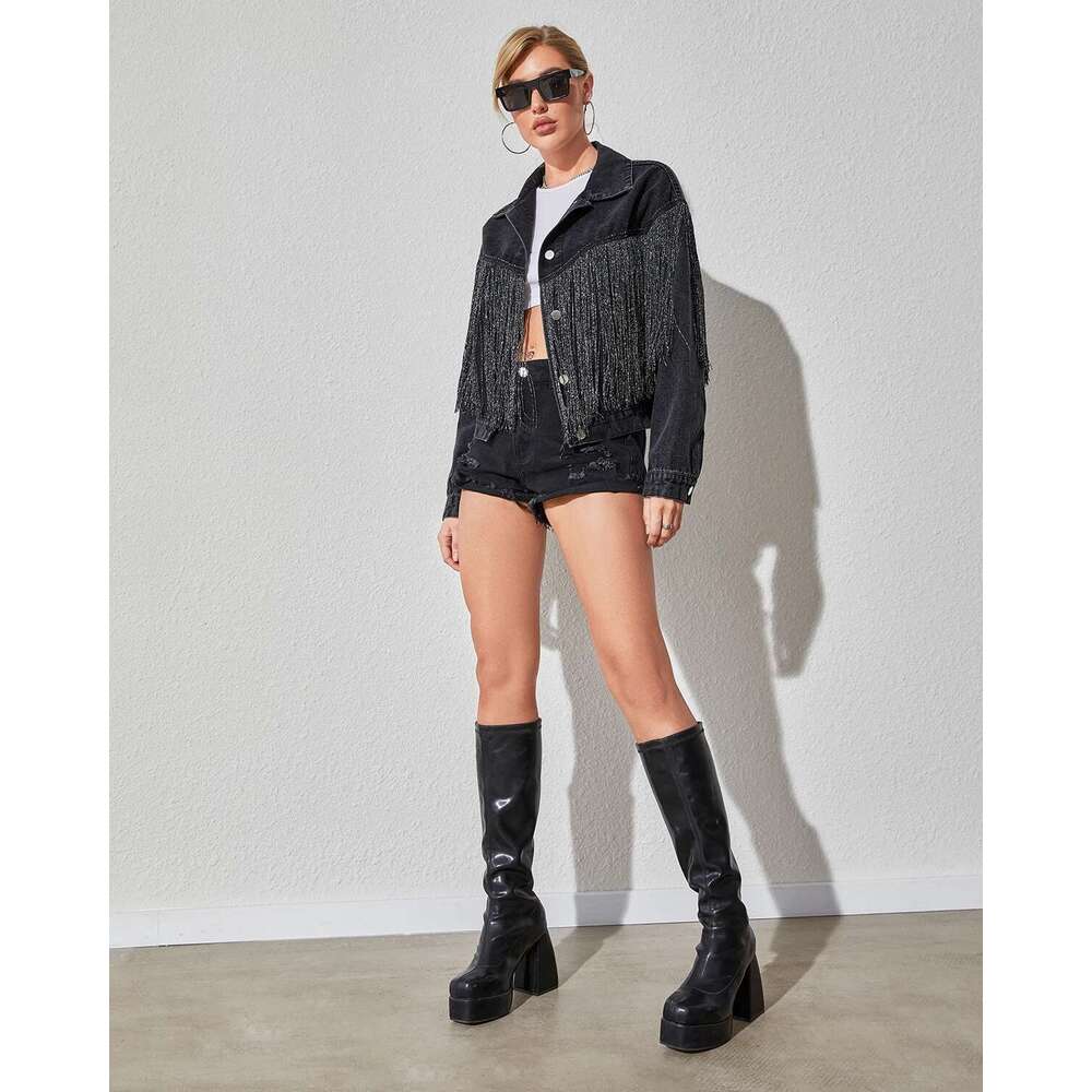 Women's Boyfriend Denim Long Sleeve Oversized Fringe Jean Jacket Coats