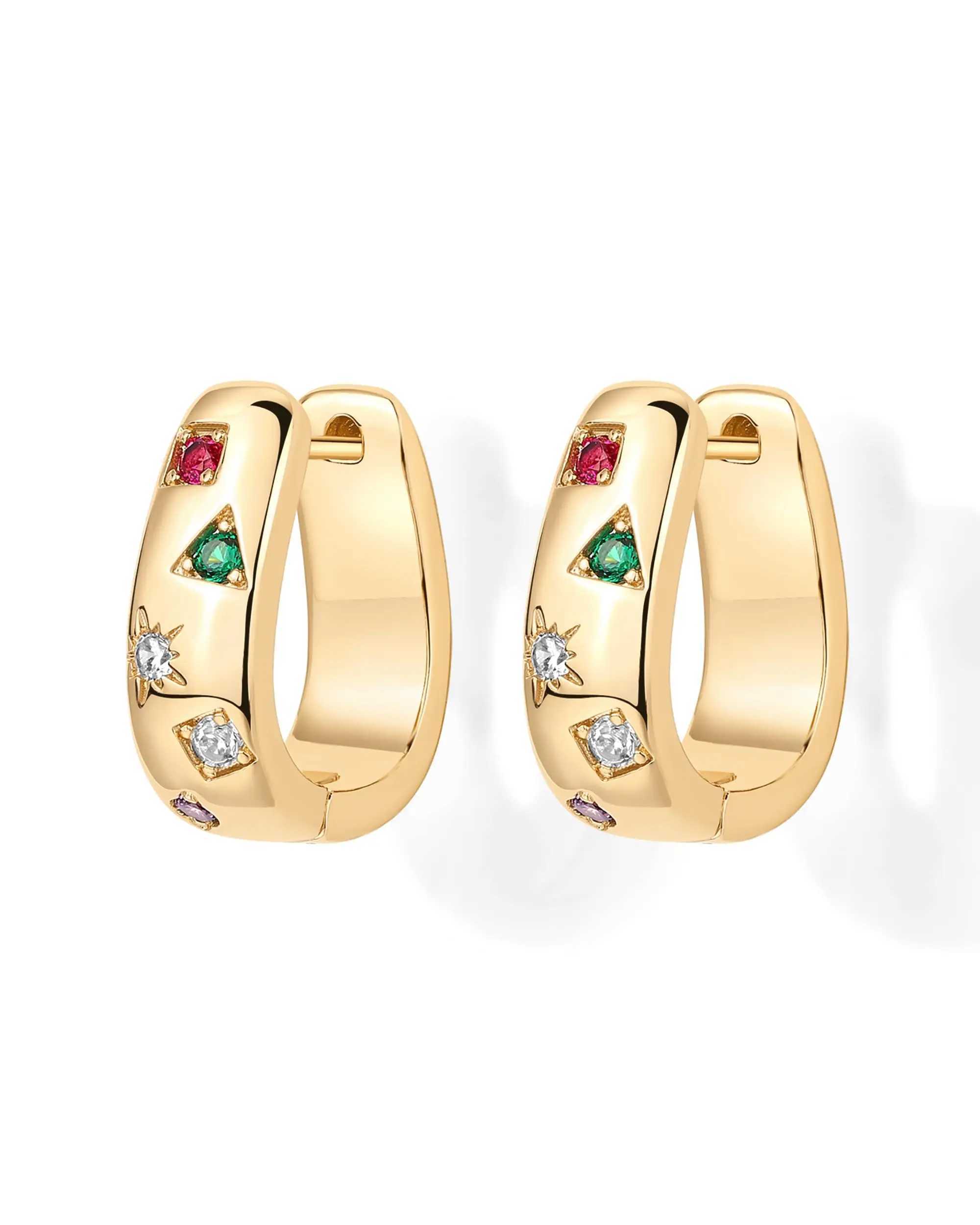 Shevalu 14K Gold Plated 925 Sterling Silver Posts Chunky Huggie Earrings for Women Fashion Multi-Colored Cubic Zirconia Earrings Y250510