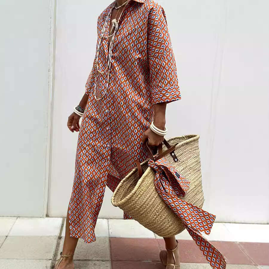 European American women's five quarter sleeve striped cardigan, lapel shirt dress 8061, 2025 new style, chic and elegant clothing
