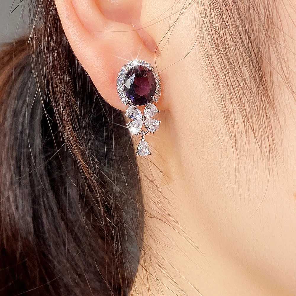 Huitan Gorgeous Purple Cubic Zirconia Dangle Earrings for Women Exquisite Birthday Gift Fashion Accessory Wedding Party Jewelry Y250510