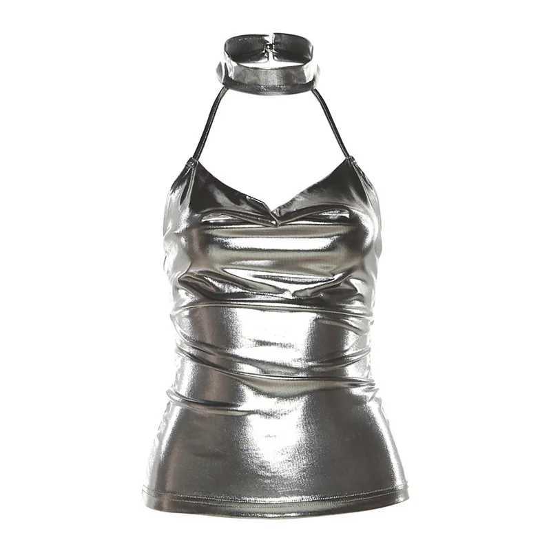 Shiny Silver Patent Leather Tank Top Women Slim Halter Crop Tops Backless Camisole Female Tube Top Cropped Vest M250513