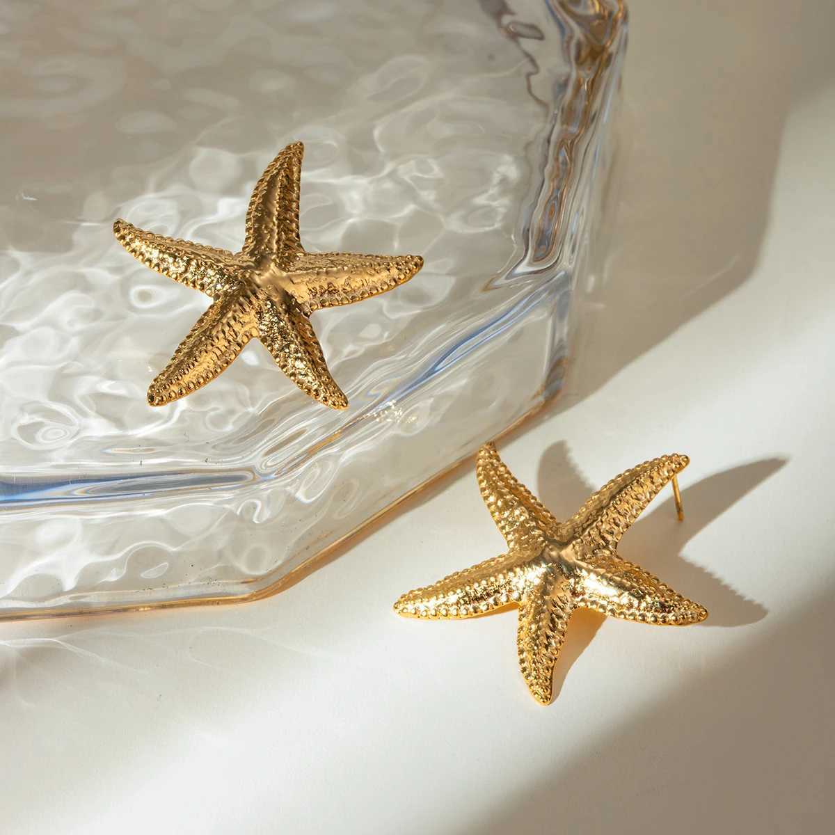 18K Gold Plated Stainless Steel Starfish Stud Earrings Anti Allergic Metal Waterproof Statement Jewelry for Women Beach Gift Y250510