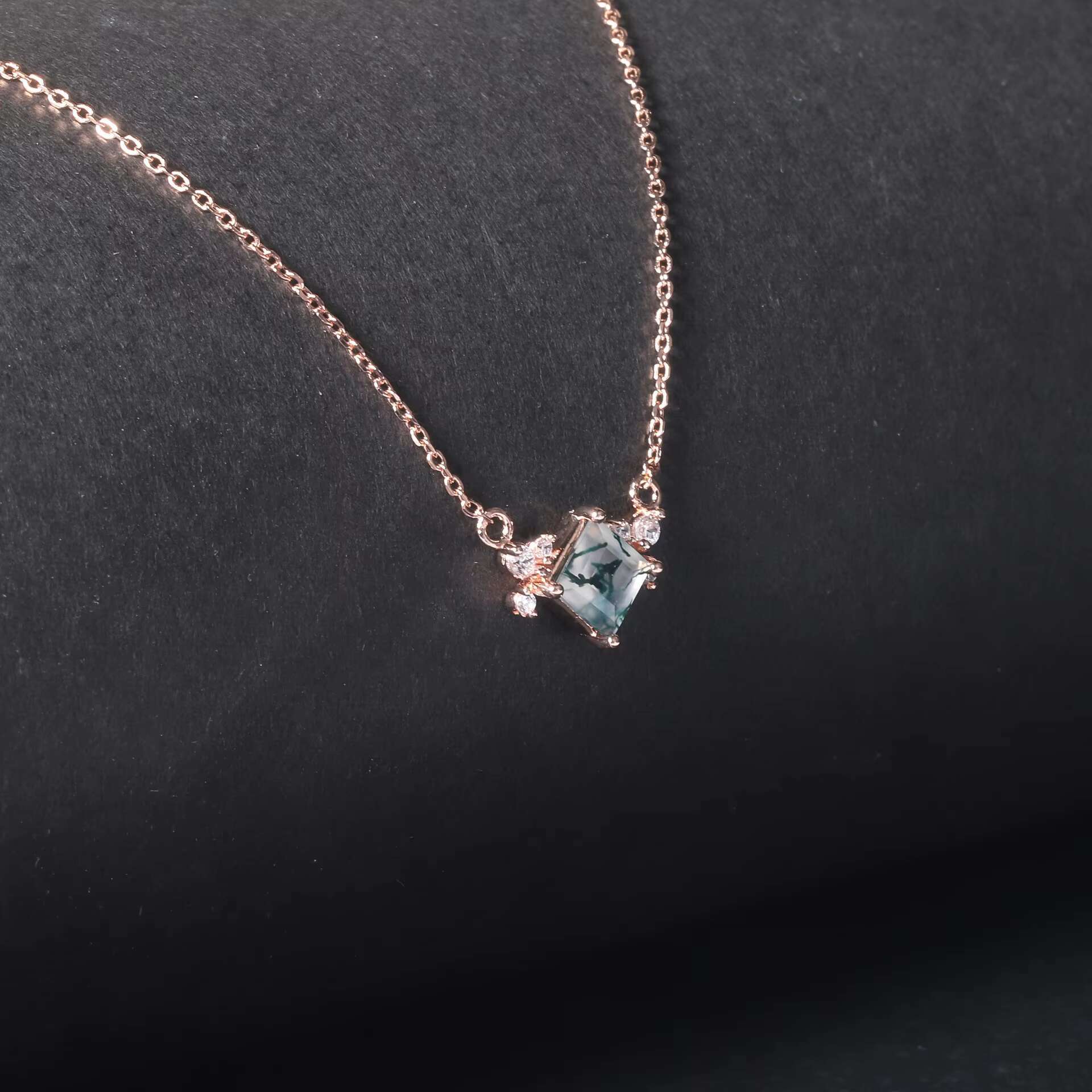 Unique Small Habitat Design Square Pendant Sier Plated Gold Natural Aquatic Grass Agate Necklace