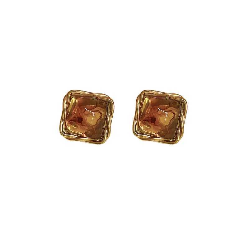 2025 New Fashion Brown Resin Square Stud Earrings For Women Vintage Metal Irregular Geometric Temperament Earrings Jewelry Y250510