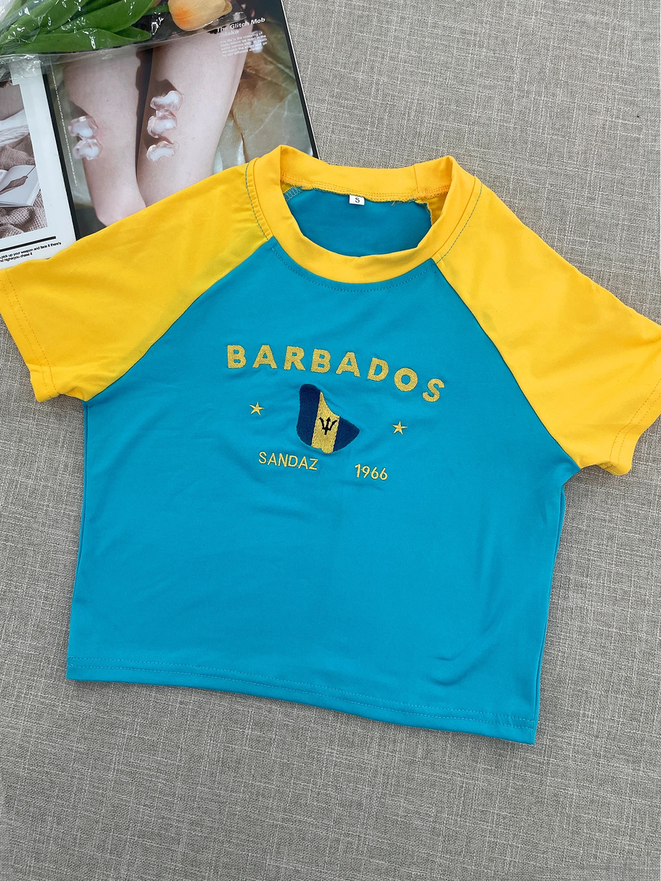 2025 Blue Sexy Barbados Embroidery Crop Tops Women T-shirt Cropped Slim High Waist Short Sleeve Summer Clothes Tops Female Tees 250513