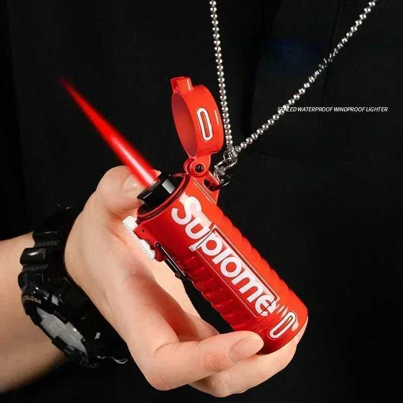 New Outdoor Windproof Pendant Inflatable Lighter Fashionable Letter Jet Green Flame Strong Firepower Portable Lighter Mens Gift Y250513