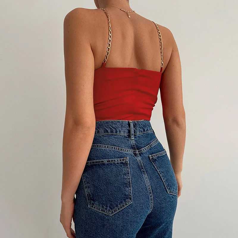 Metal Shoulder Strap V Neck Cut Out Tank Top Holder Crop Tops Women Bare Midriff Backless Camisole Female Cropped Vest M250513
