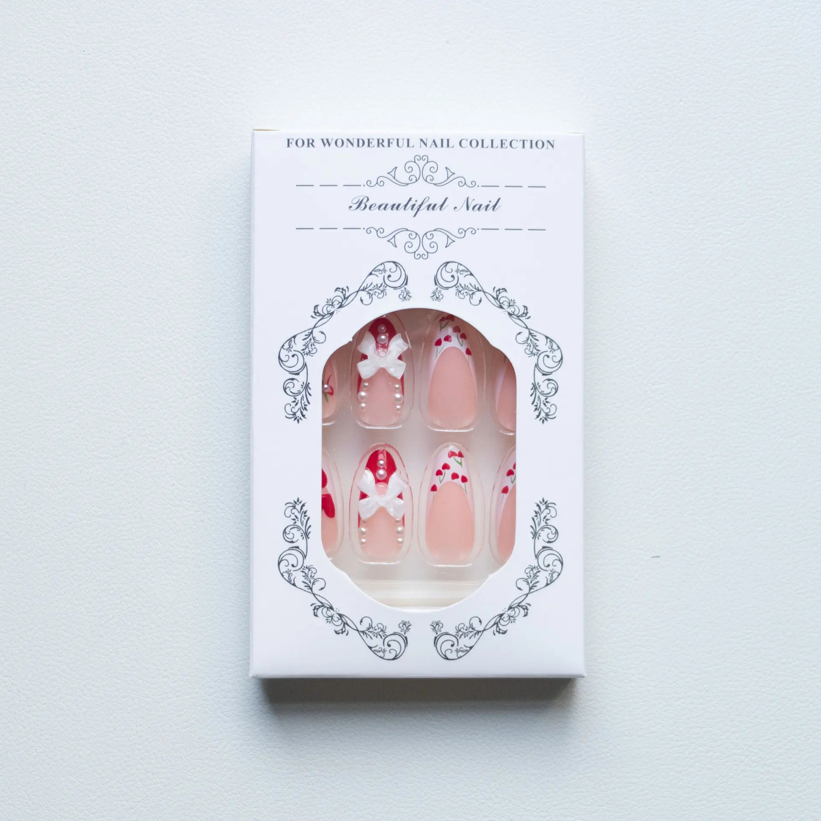 24pcs French Cherry False Nails 3d Bow Pearl Sweet Style Nail Tips Full Cover Wearable Press on Valentines Day Gift 250513