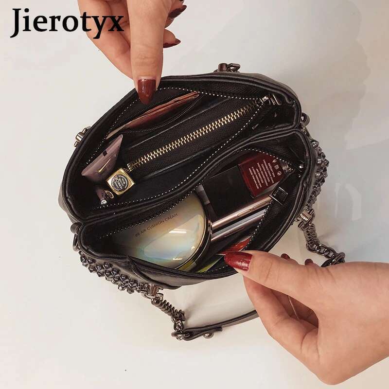 JIEROTYX Studded Shoulder Women Leather Punk Style Rock Rivet Crossbody Bag Handbag With Chain Wallet Purse For Girls