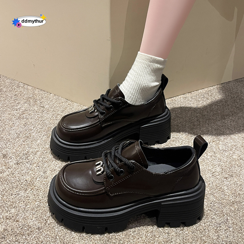 British small leather shoes for women 2025 new style spring and autumn versatile sole height increasing loafers thick heel lace up uniform single shoe
