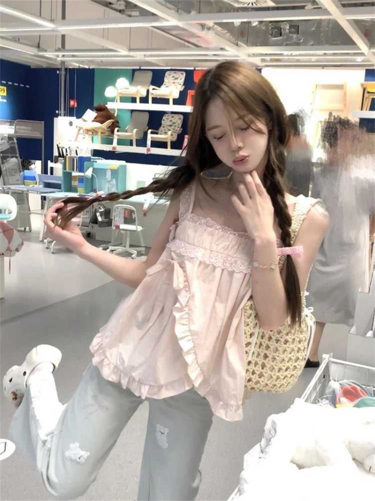 Sweet Cute Bow Tanks Womens Lace Patchwork Sling Vest 2025 Womens Clothing Irregular Ruffles Summer Camis Fashion Pink Pleated Tops M250513