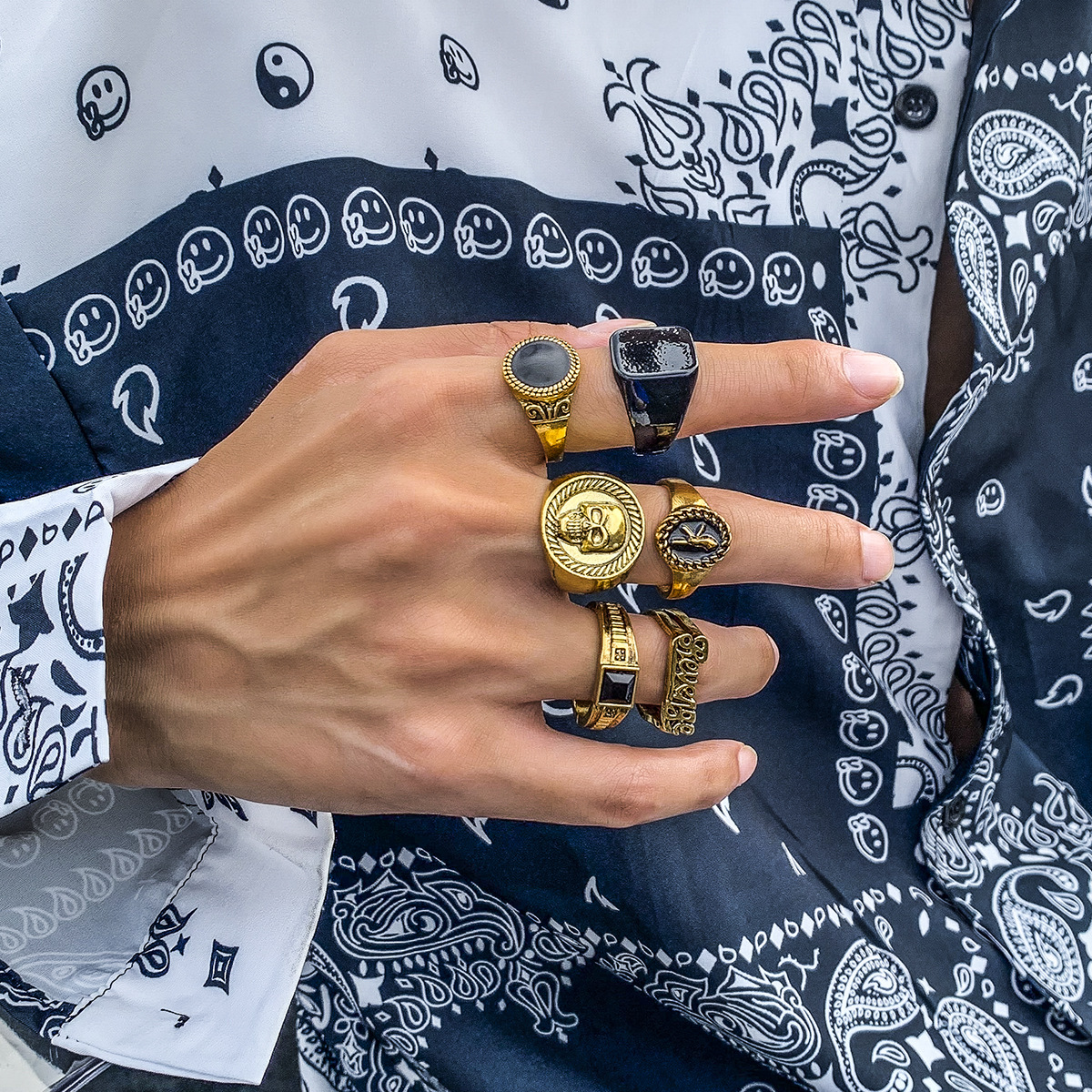 Retro Geometric Crystal 6-Piece Set Men's Rings - Trendy Minimalist Fashion Alloy Ring Set