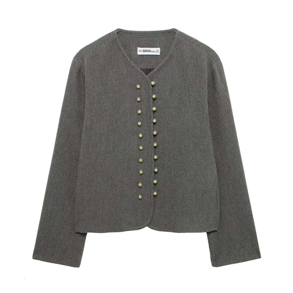 European and American style spring new round collar ball decoration double-breasted long-sleeved casual jacket female temperamen