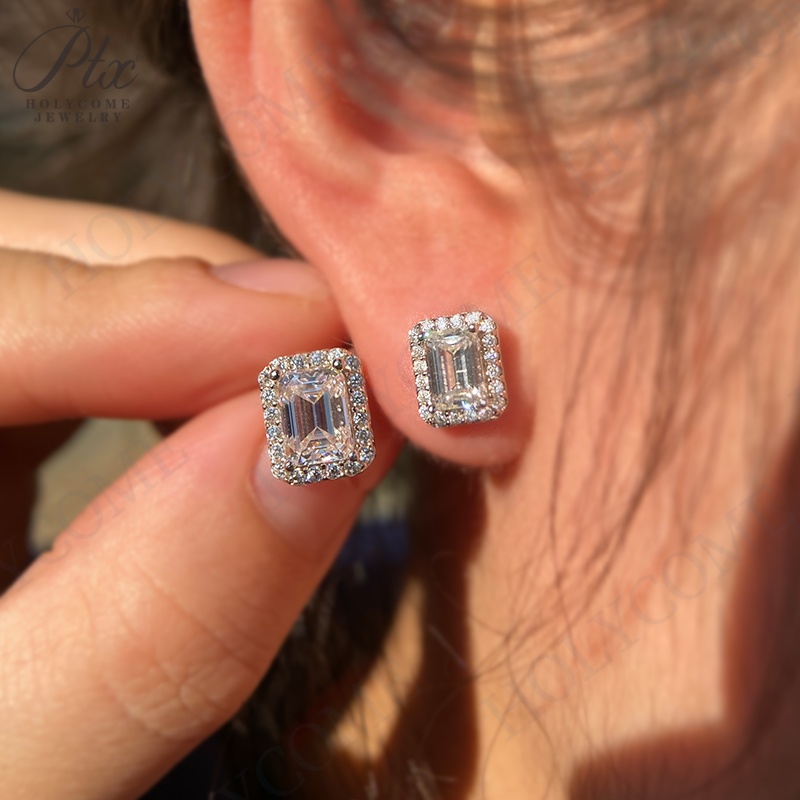 Emerald Cut Halo Earring Hip Hop Jewelry Iced Out VVS Diamond Moissanite White Gold Plated 925 Sterling Silver Stud Earrings for Men Women