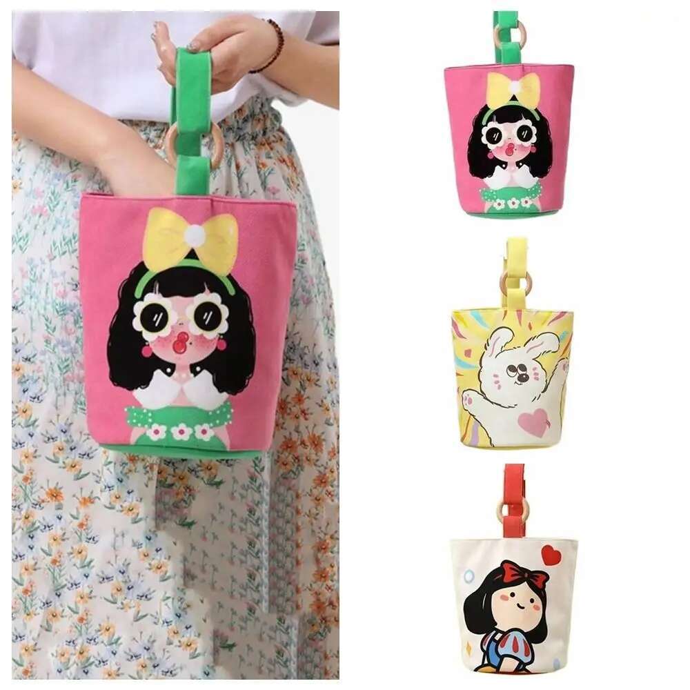 Cartoon Girl Canvas Bucket Korean Style Shoulder Y2k Outing Shopping Women Sweet Cute Handbag Student Lunch Bag