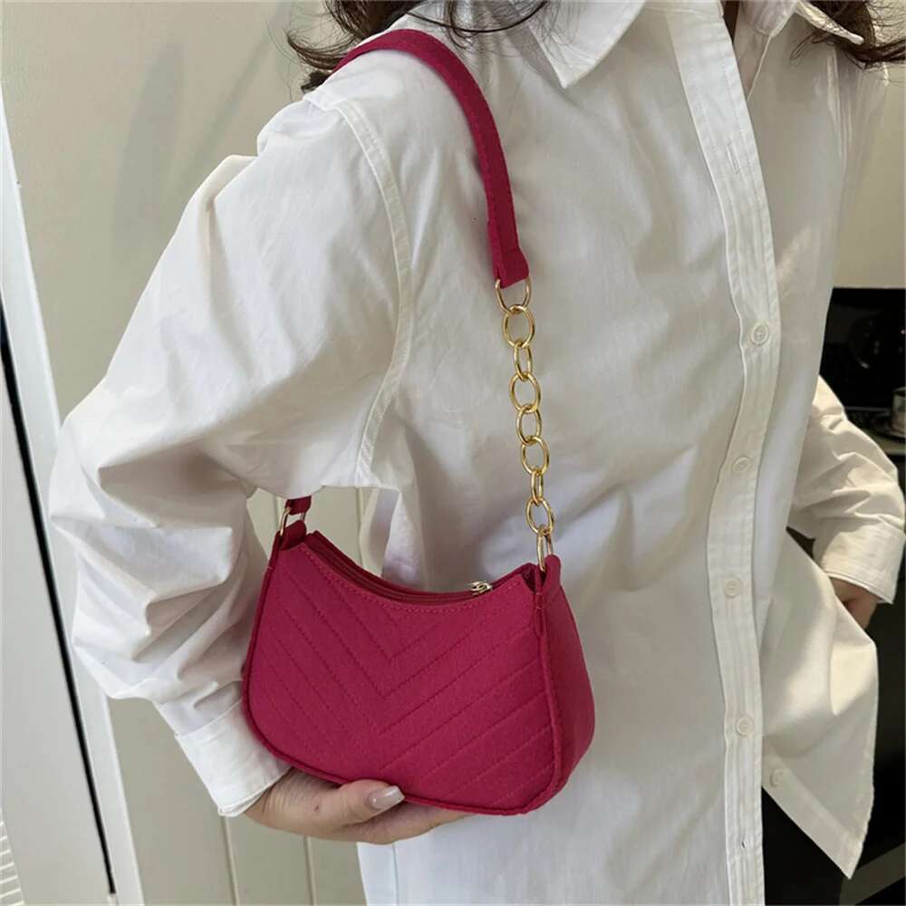 Mini Women Felt Fashion Solid Color Casual Handbags with Chain Shoulder Pouch Simple Light Weigh Underarm Bag
