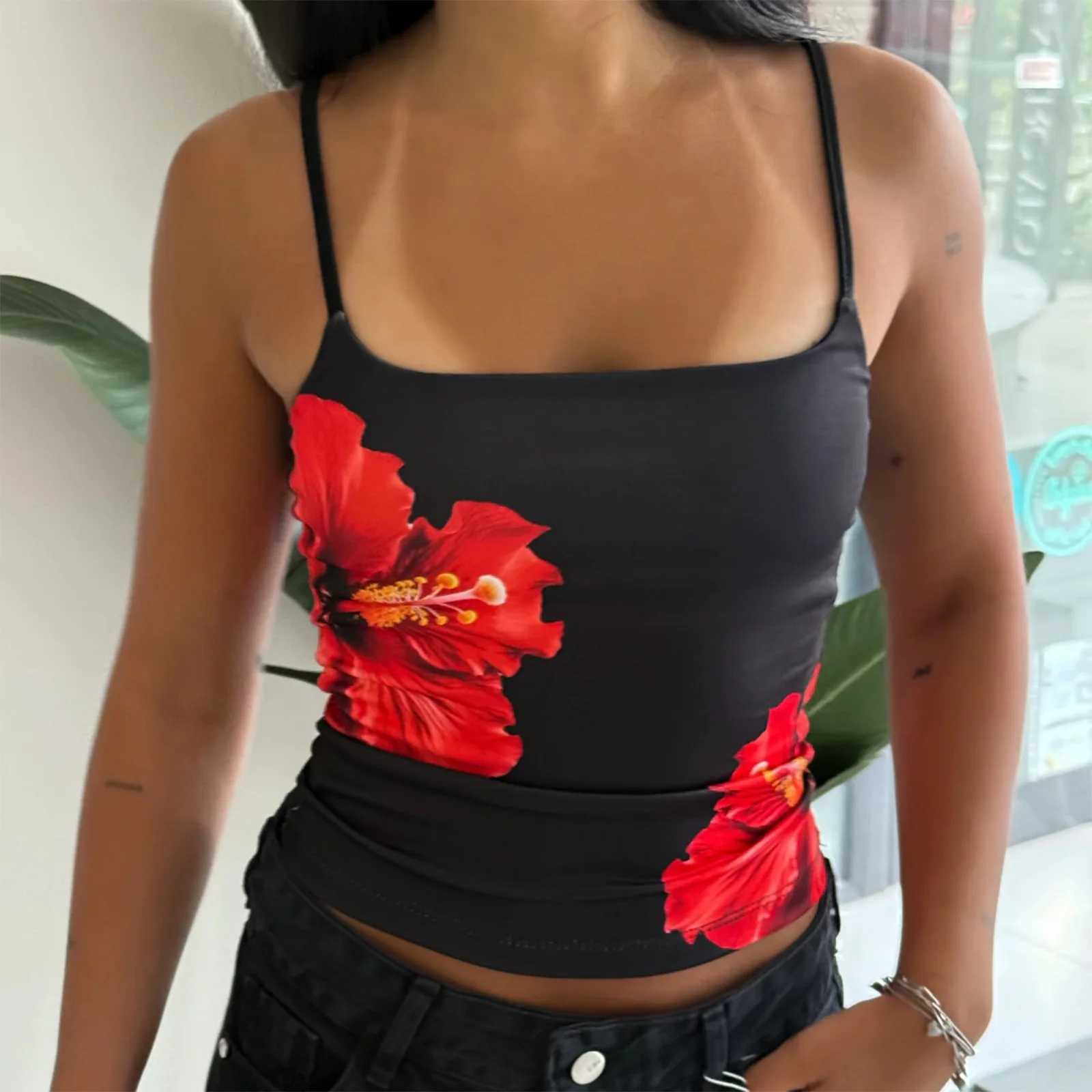 Womens Y2K Vintage Sleeveless Adjustable Shoulder Straps Camis Crop Tops Aesthetic Flower Print Slim Fit Summer Vest M250513