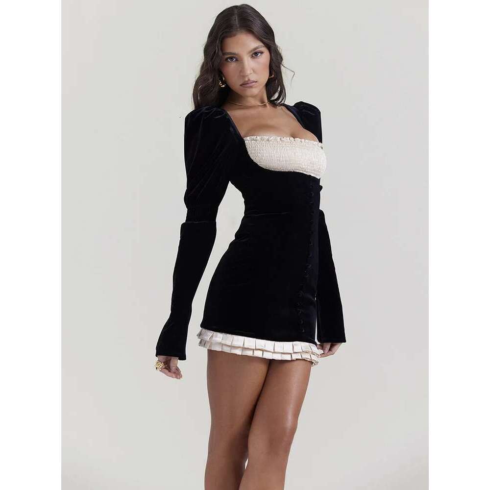 Mozision Elegant Long Sleeve Backless Sexy Mini Women Autumn Winter New Patchwork Square Collar Bodycon Club Party Dress