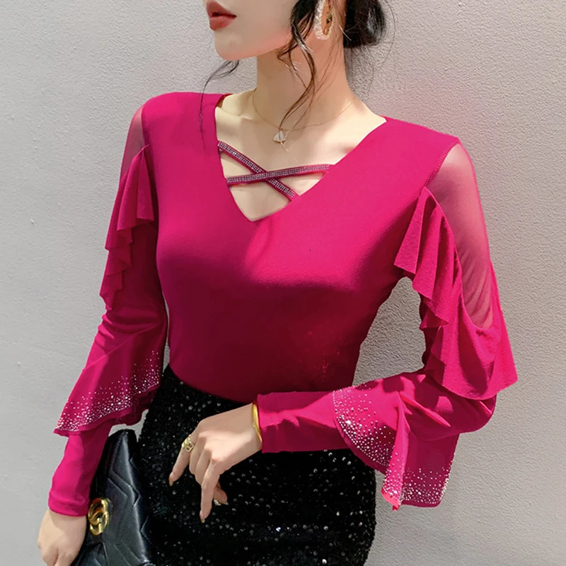 Dingaozlz Chic Style Fashion Ruffles Women Tshirt Diamonds Slim Casual Female Tops Patchwork Contrast Mesh Tees 250513