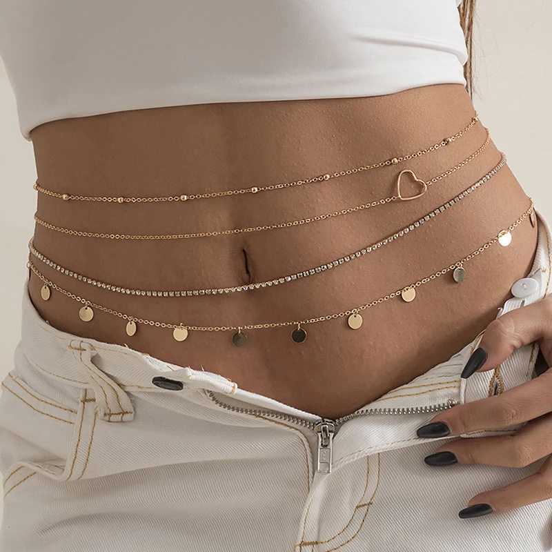 4pcs/Set Punk Aesthetic Thin Belly Chain for Waist Geometric Heart Sequins Sexy Body Jewelry Tennis Chain Rhinestone AccessoriesT250513