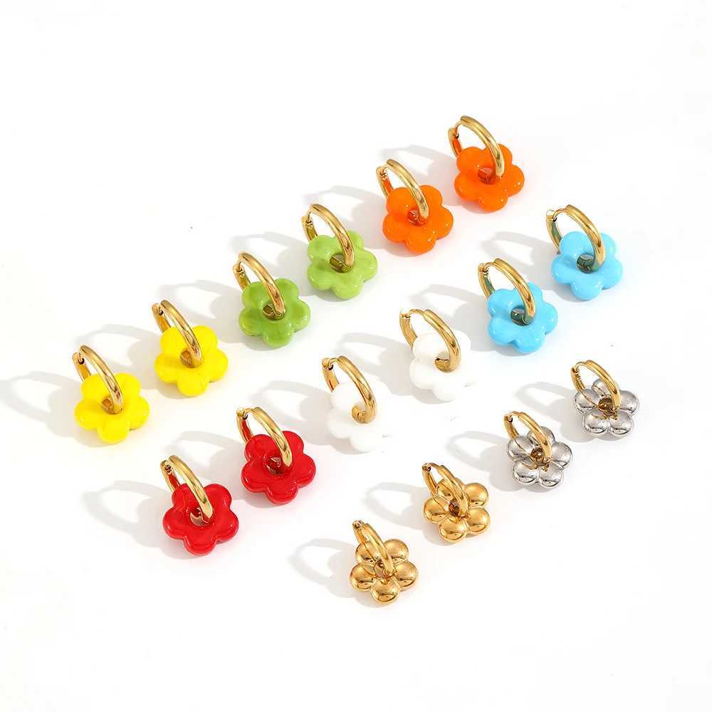 Colorful Small Flower Stainless Steel Charms Earring 18K Gold Plated Circle Ear Buckle Hoop Earrings Jewelry for Women Y250510