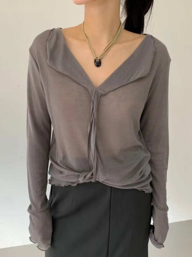 V Neck High Quality Plain T Shirt Women Elastic Basic Tshirts Female Casual Tops Long Sleeve Sexy Thin Tshirt See Through 250513