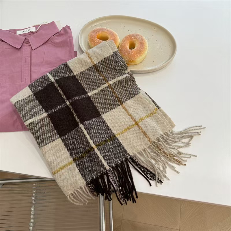 T694 Japanese and Korean retro plaid scarf spring and autumn long tassel double-sided cashmere warm scarf winter men and women