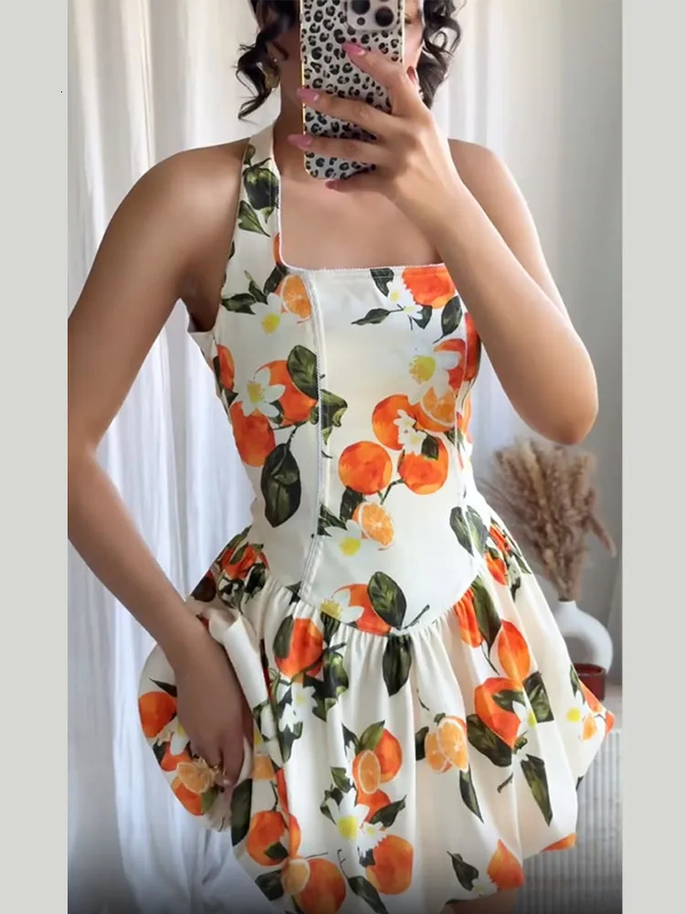 Women Printing Halter Dress Elegant Backless Sleeveless High Waist Slim Fit Mini Dresses Lady Summer Party Evening Vestidos 250513