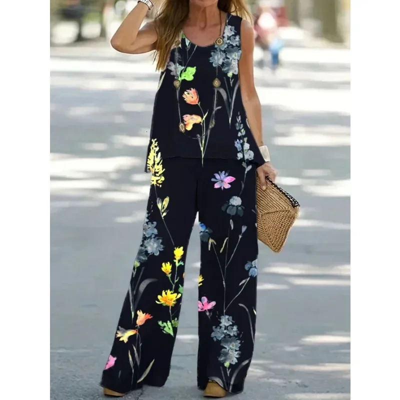 Aomen 1XL8XL Plus size round neck casual set 2piece fashionable solid tank top wide leg pants 250427