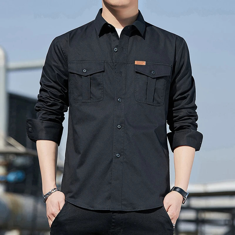 100 pure cotton mens long sleeved 2pocket shirt outdoor casual highquality clothing 250506Z