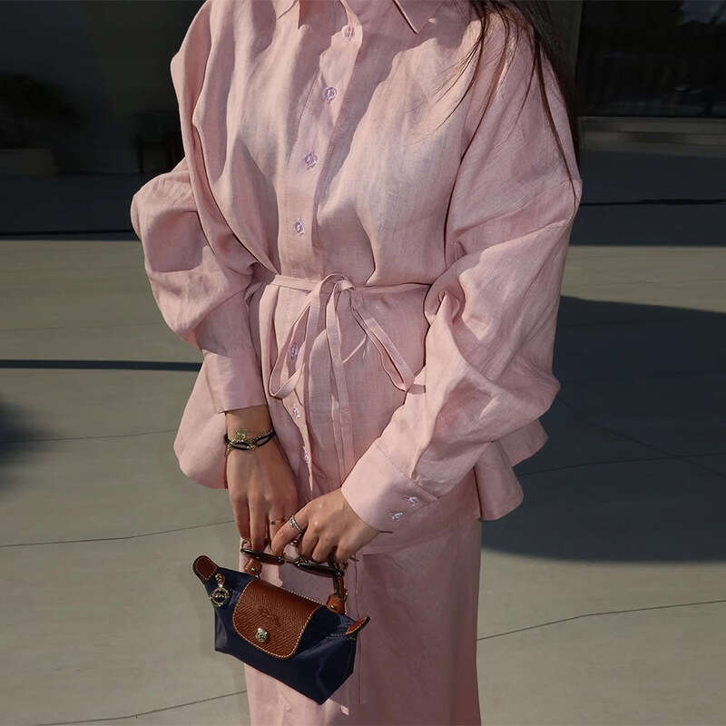 Women's Summer New Style Lapel Tie Loose Sleeved Shirt High Waisted Long Skirt Casual Set B5