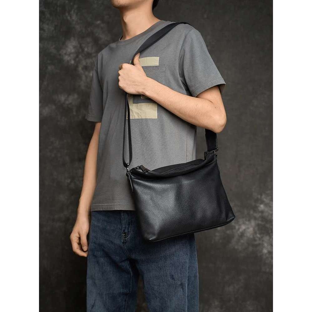 Fashion Men's Shoulder Genuine Leather Casual Crossbody Bag Classic Fold Cover zipper Messenger For 10.5 Inch Ipad NUPUGOO