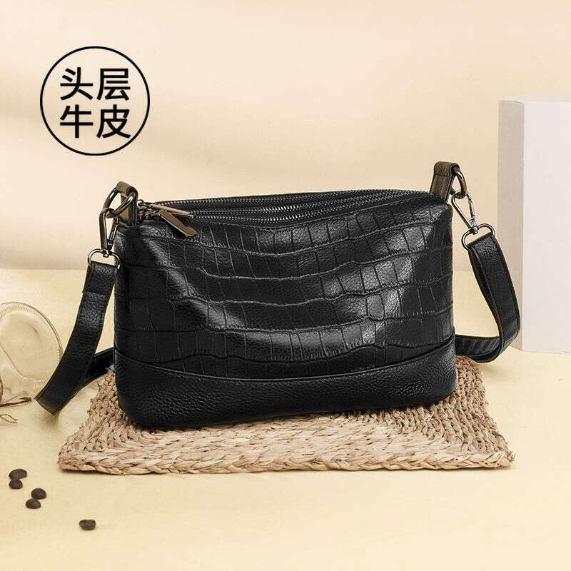Leather multi-layer crossbody women 2025 new fashionable crocodile pattern large capacity soft leather shoulder bag for women