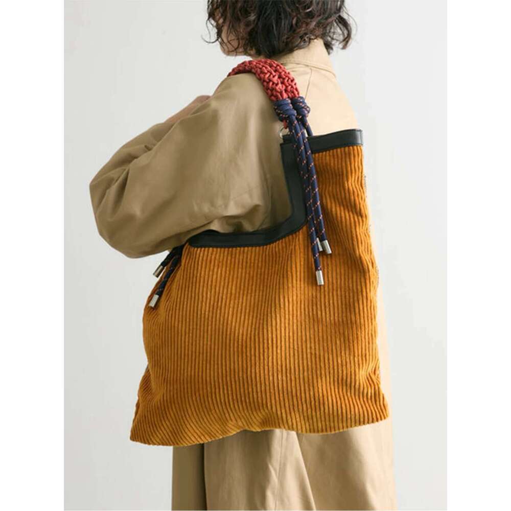 Autumn And Winter New Corduroy Tote Retro Large-Capacity Shoulder Spliced Rope Knot Commuter Bag, Handbag