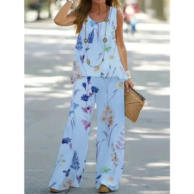 Aomen 1XL8XL Plus size round neck casual set 2piece fashionable solid tank top wide leg pants 250427