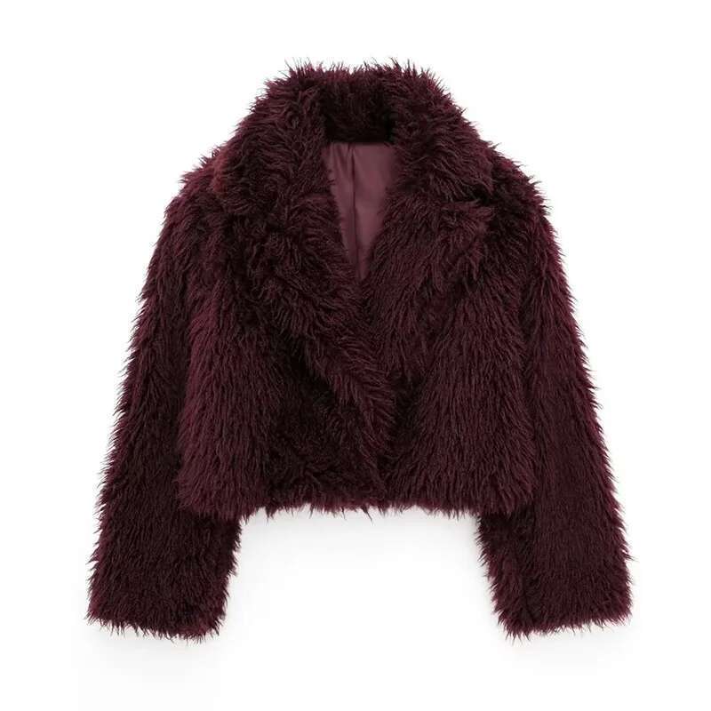 Koekop Women's Fashion Bury Asymmetric Thick Collar Fur Coat Vintage Casual Chic Temperament Lady Short Jacket