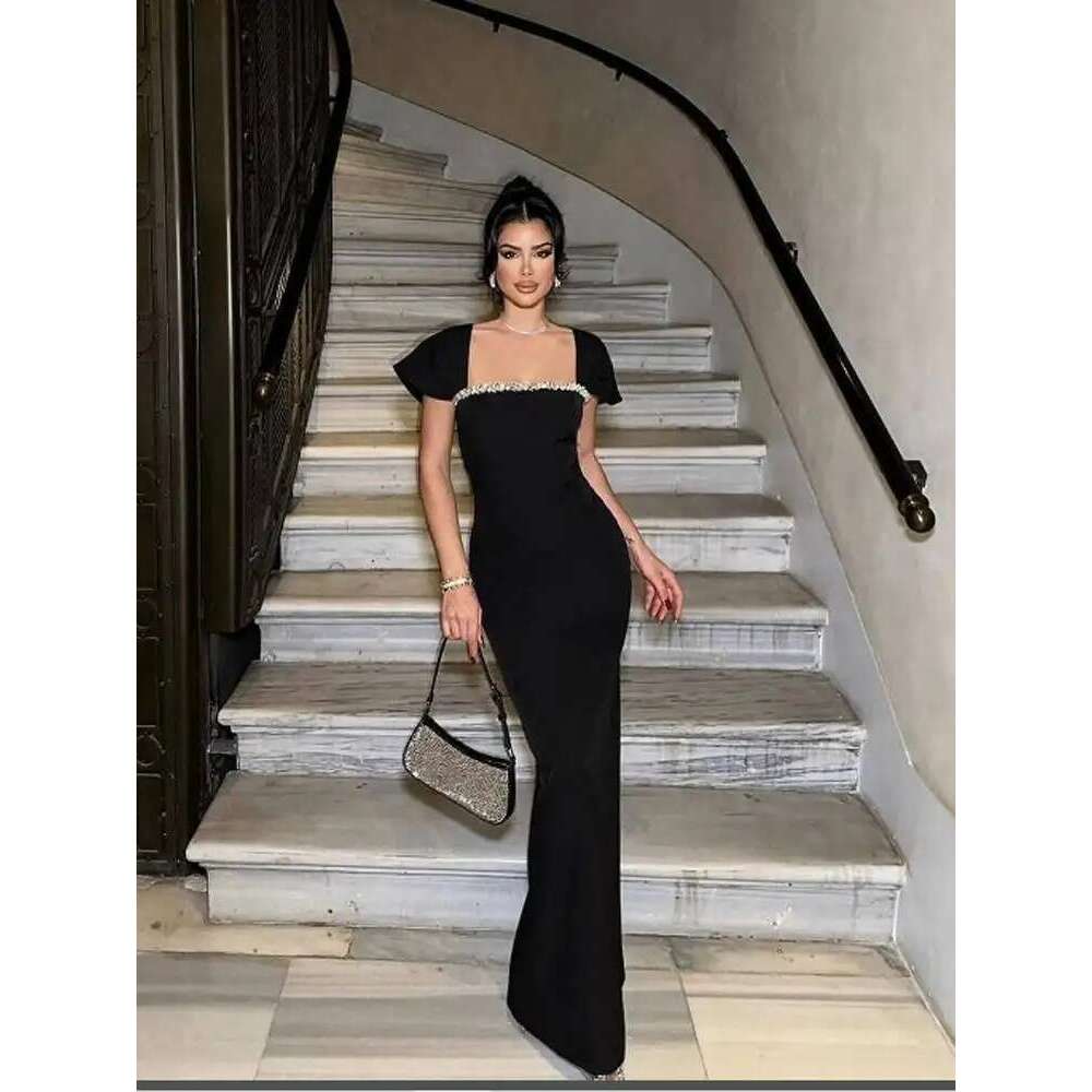 New Women's Short Sleevel Square Neck Dias Bandage Floor Length Bodycon Fashion Celebrity Party Maxi Dress